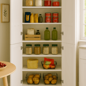 Full-size walk-in closet system with glass doors – Blue Valley Cabinets Burnaby