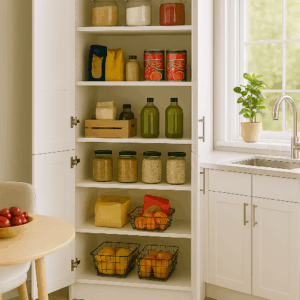 Full-size walk-in closet system with glass doors – Blue Valley Cabinets Burnaby