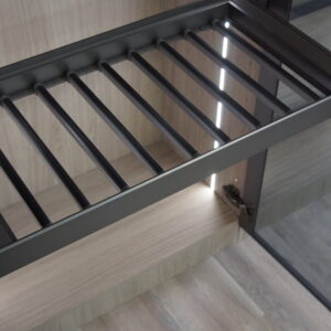Walk-in closet system in Vancouver with LED lighting and glass doors