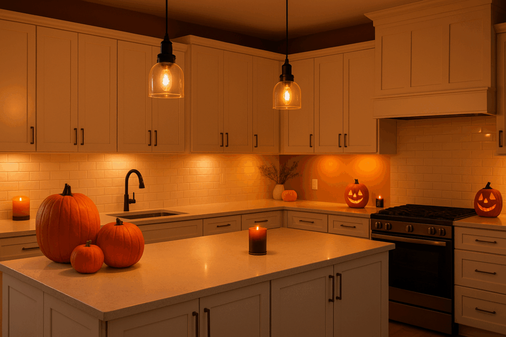 Elegant modern kitchen decorated for Halloween with warm orange lighting, pumpkins, and candles on white shaker cabinets and countertops, creating a cozy festive atmosphere.