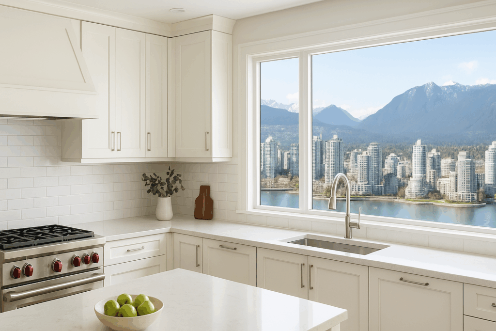 Modern white kitchen cabinets in a Vancouver home by Blue Valley Cabinets
