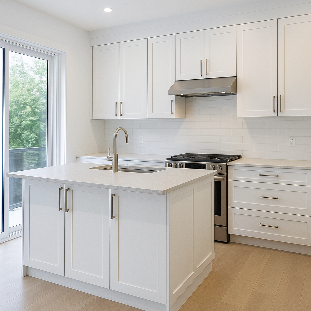 modern Vancouver kitchen with custom white shaker cabinets, quartz countertop, and stainless steel appliances – Blue Valley Cabinets showroom Burnaby