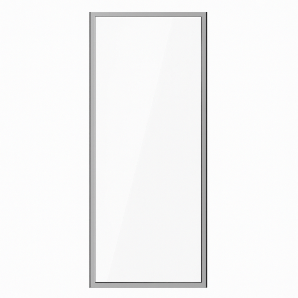 Modern full-glass closet door with narrow light-gray aluminum frame on white background