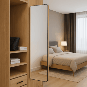 Modern bedroom with beige bedding, wall mirror, and built-in white shelves.