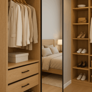 Modern bedroom with beige bedding, wall mirror, and built-in white shelves.