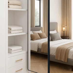Modern bedroom with beige bedding, wall mirror, and built-in white shelves.