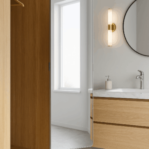 Modern bathroom with wooden cabinets, wall mirror, and minimalist decor