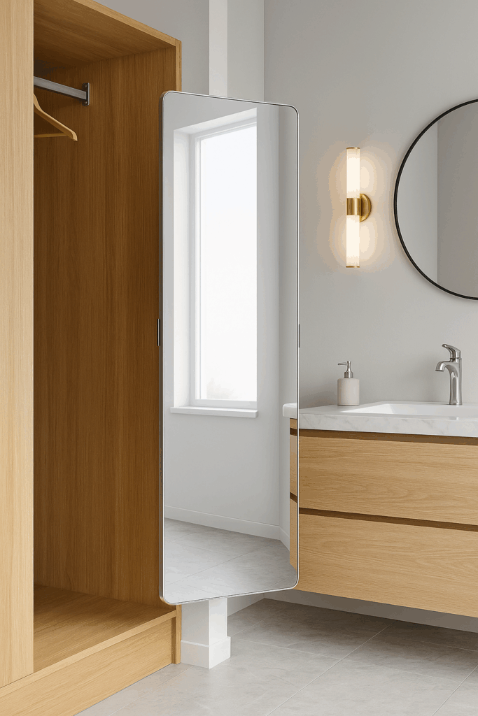 Modern bathroom with wooden cabinets, wall mirror, and minimalist decor