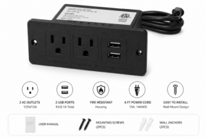 Wall-Mounted Power Strip with 2 AC Outlets & 2 USB Ports