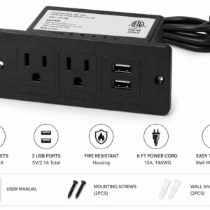 Wall-Mounted Power Strip with 2 AC Outlets & 2 USB Ports