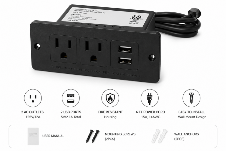 Wall-Mounted Power Strip with 2 AC Outlets & 2 USB Ports