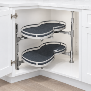 Two-tier blind corner cabinet tray installed inside a white base cabinet