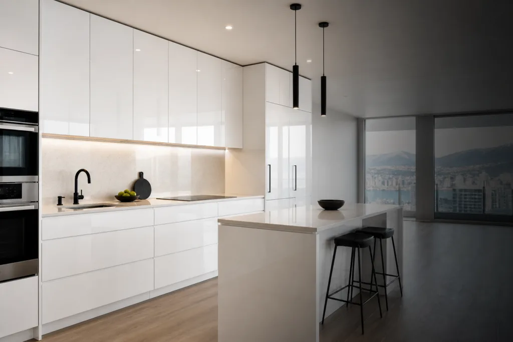 Gloss white kitchen cabinets with modern flat-panel design