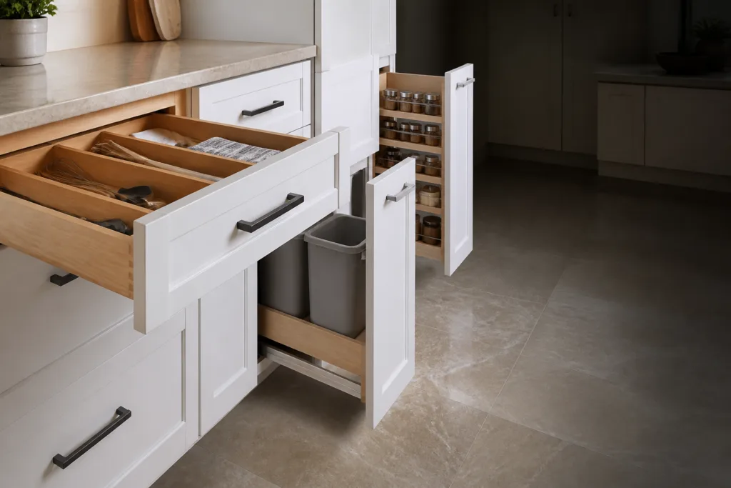 Kitchen cabinet accessories and storage solutions