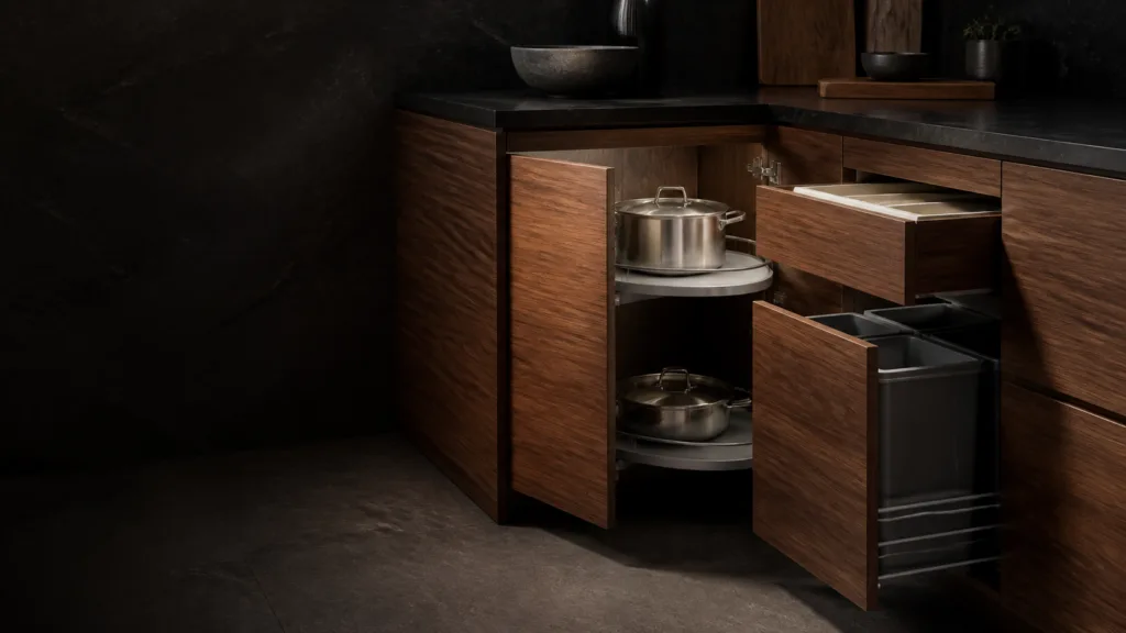 Dark walnut cabinet storage and interior details