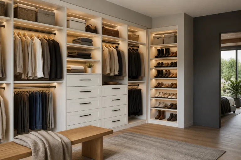 Closet storage with shelves and drawers