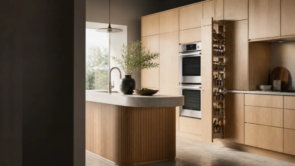 Natural oak kitchen cabinets in a modern kitchen